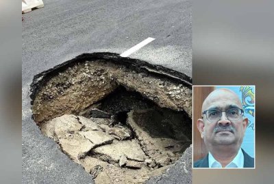 Lubang benam dikesan di Jalan Burma, George Town pada Sabtu lalu. Gambar kecil: Rajendran