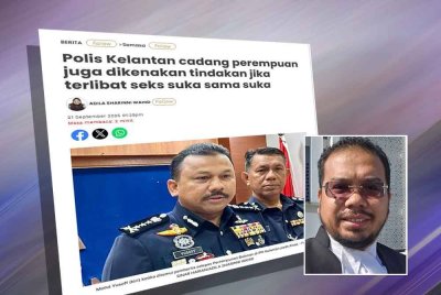 Laporan Sinar Harian berhubung kenyataan Polis Kelantan cadang perempuan juga dikenakan tindakan jika terlibat seks suka sama suka. Gambar kecil: Nik Saiful Adli