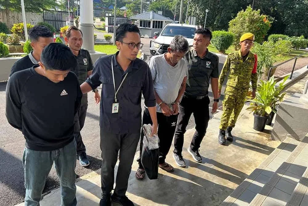 Mereka didakwa bersama-sama menyimpan bangkai harimau belang itu di bahagian bonet belakang sebuah kenderaan pelbagai guna (MPV) Perodua Alza di sebuah stesen minyak.