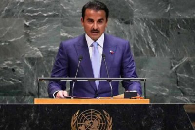 Emir Qatar, Sheikh Tamim bin Hamad Al Thani ketika berucap di PBB.