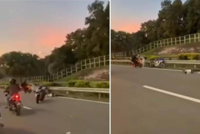 Tangkap layar video tular memaparkan kemalangan empat motosikal dalam perjalanan ke Singapura di Lebuhraya LinKedua, Iskandar Puteri pada Rabu.