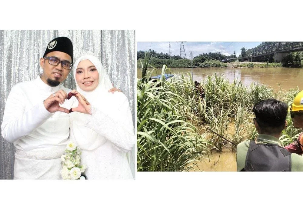 Andi Abdul Ghani baru saja berkahwin selepas disatukan pada 16 September lalu. Gambar tular (Kanan: Operasi SAR dilakukan di sungai Kampung Batu Puteh, Kinabatangan.)