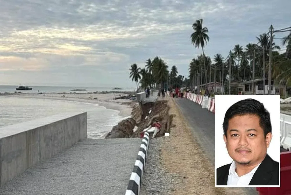 Jalan sejauh 15 hingga 20 meter di laluan T145 Pantai Batu Rakit yang siap dibaik pulih kembali runtuh. (Gambar kecil: Mohd Hasbie)
