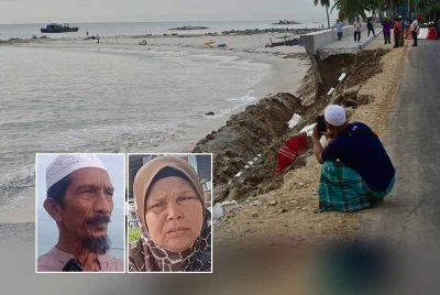 Laluan sejauh 15 hingga 20 meter di Jalan Pantai Batu Rakit, Kuala Nerus hampir siap dibaik pulih runtuh kembali dalam kejadian malam Rabu. Gambar kecil dari kiri: Mohd Zaki, Maimun