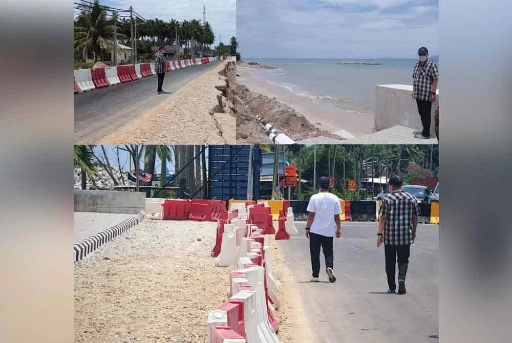 Ahmad Samsuri meninjau runtuhan projek baik pulih Jalan Pantai Batu Rakit secara mengejut pada Khamis. – Foto: Facebook Mr ‘Eizam Edwan Zulkifli