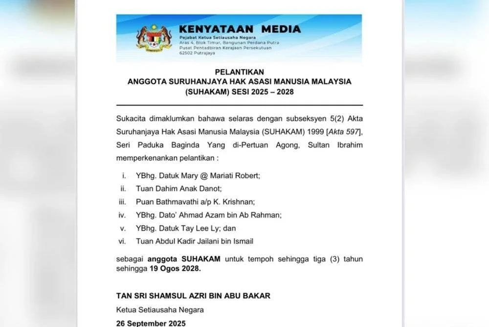 Kenyataan rasmi mengenai pelantikan enam anggota Suhakam baharu yang dimuat naik di Facebook pada Jumaat.