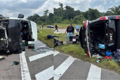 Keadaan van dan sebuah kenderaan pacuan empat roda selepas terlibat kemalangan di Lebuhraya Pan Borneo, berhampiran Klinik Skrang, Betong hari ini. Foto JBPM Sarawak 