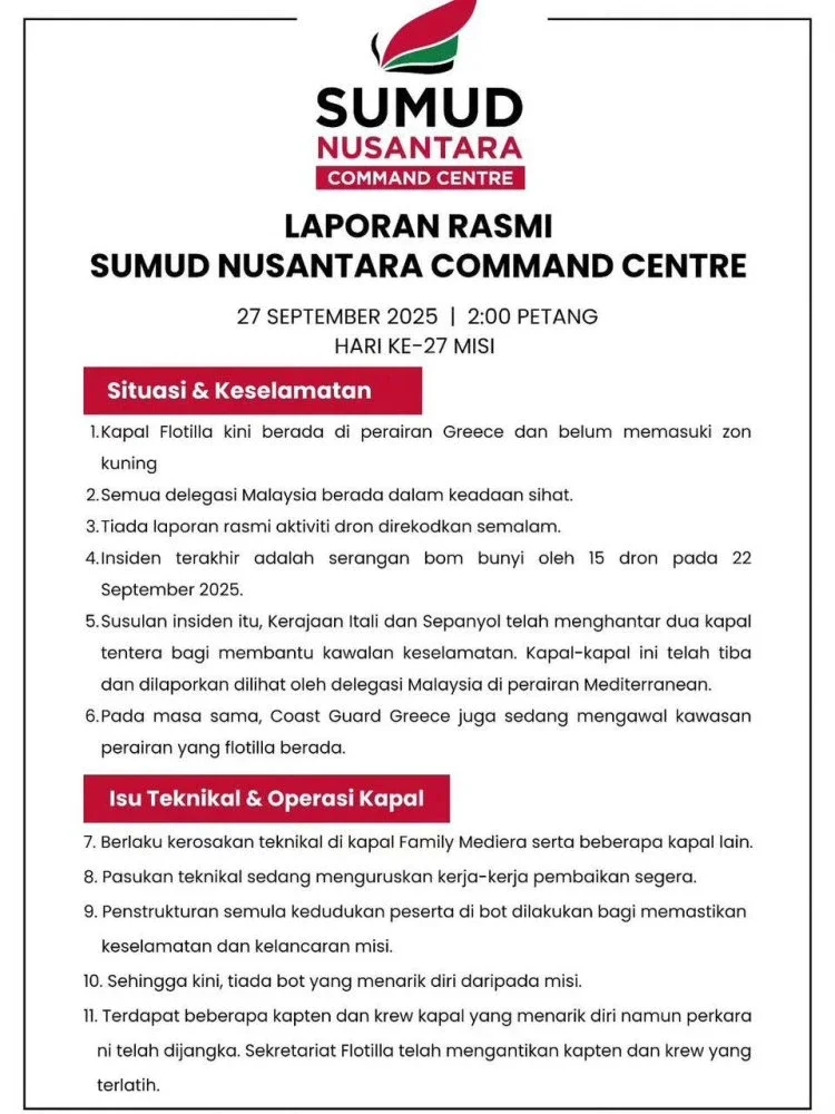 Kenyataan rasmi dikeluarkan Sumud Nusantara Command Centre (SNCC) pada Sabtu.