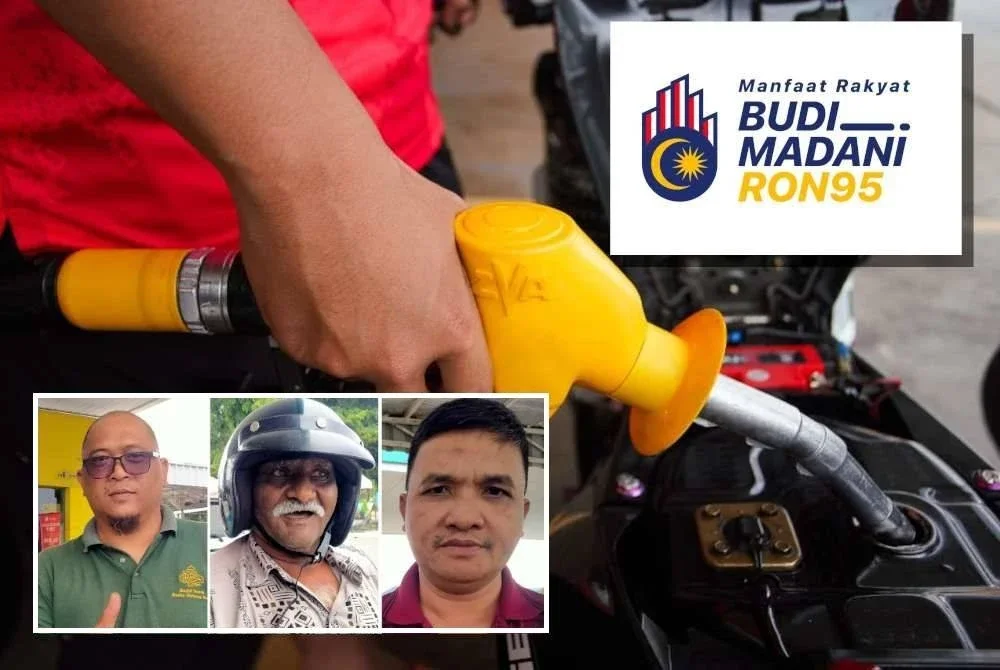 Proses mendapatkan minyak petrol BUDI95 bagi penerima STR yang bermula hari ini berjalan lancar. (Gambar kecil: Azhari, Kanniappan dan Mohd Sabri)