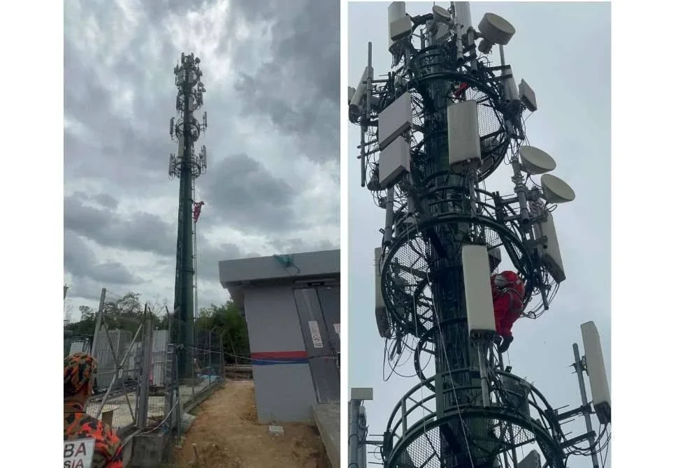 Seorang pekerja penyelenggaraan terkandas di menara telekomunikasi setinggi 40 meter akibat ancaman tebuan.