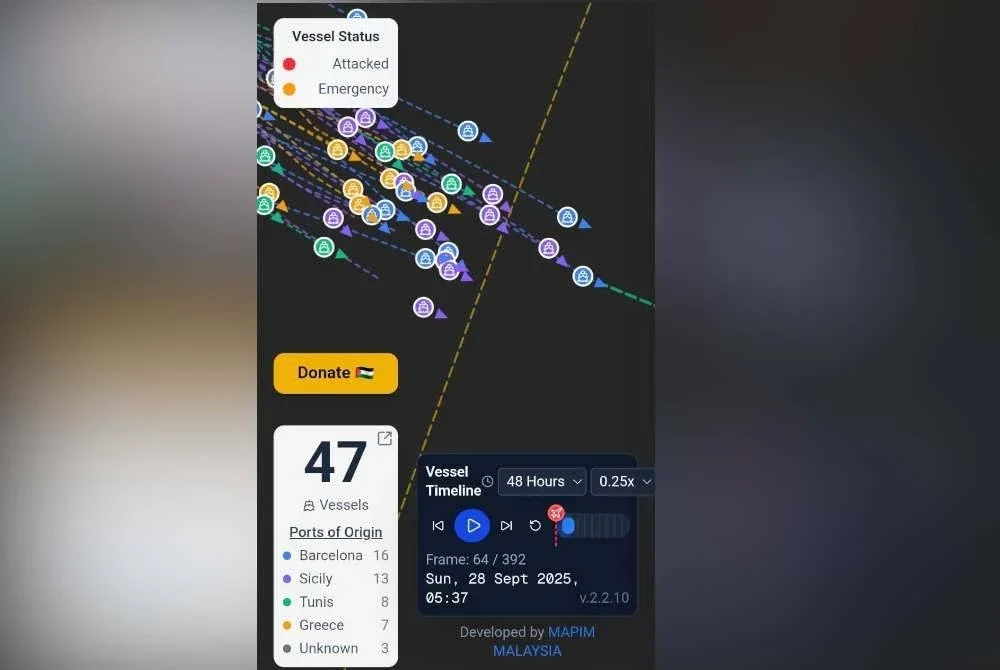 Tangkap layar paparan tinjauan 'Sumud Nusantara Flotilla Tracker' pada Isnin jam 9.45 malam.