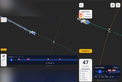 Kedudukan kapal misi GSF menerusi 'Sumud Nusantara Flotilla Tracker' yang dibangunkan oleh Mapim.