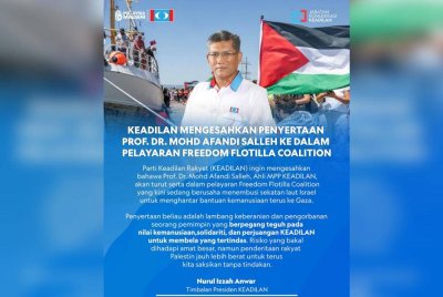 Hantaran Facebook PKR mengesahkan penyertaan Mohd Affandi dalam Freedom Flotilla Coalition menuju Gaza.