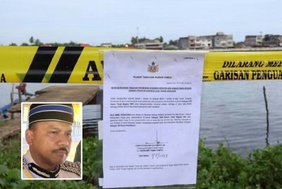 Notis pemberitahuan yang ditampal pada tali larangan rentas di jeti pangkalan haram. Foto Ihsan PGA. Gambar kecil: Mohd Yusoff
