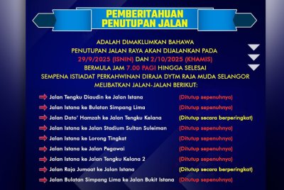 Jalan Istana, Klang akan ditutup selama dua jam bermula jam 8 pagi hingga 10 pagi pada 2 Oktober ini bagi memberi laluan kepada istiadat perarakan pernikahan Raja Muda Selangor.