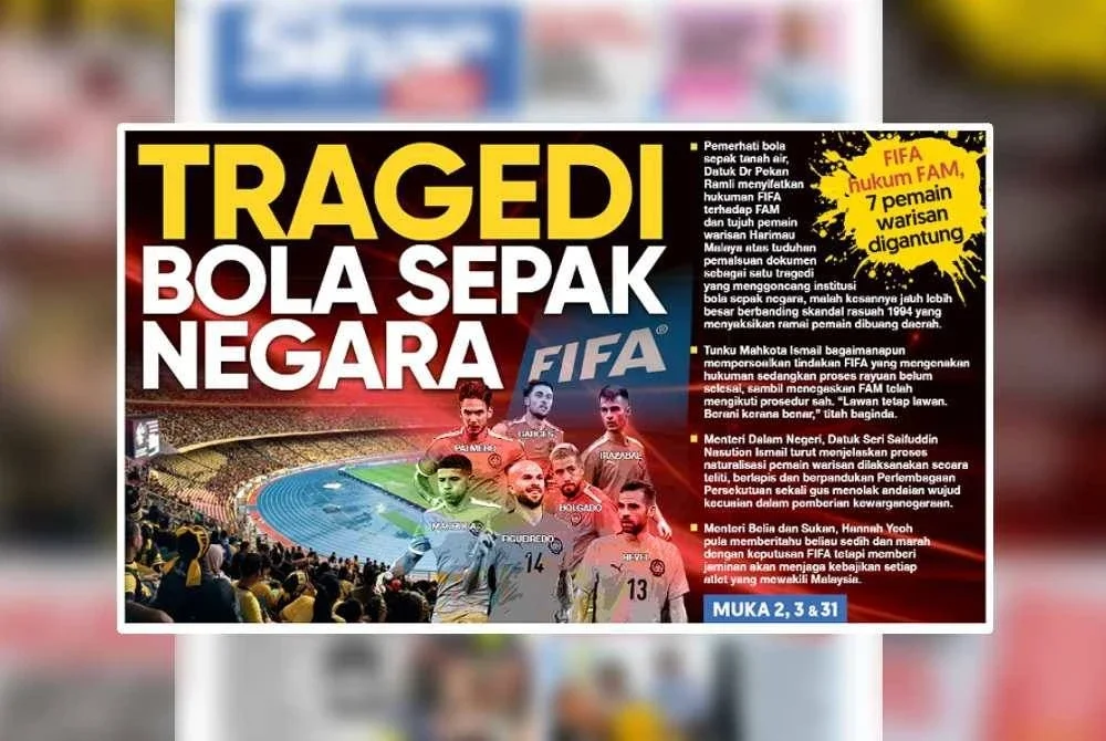 Laporan muka hadapan Sinar Harian pada Ahad berhubung kontroversi yang melanda FAM.