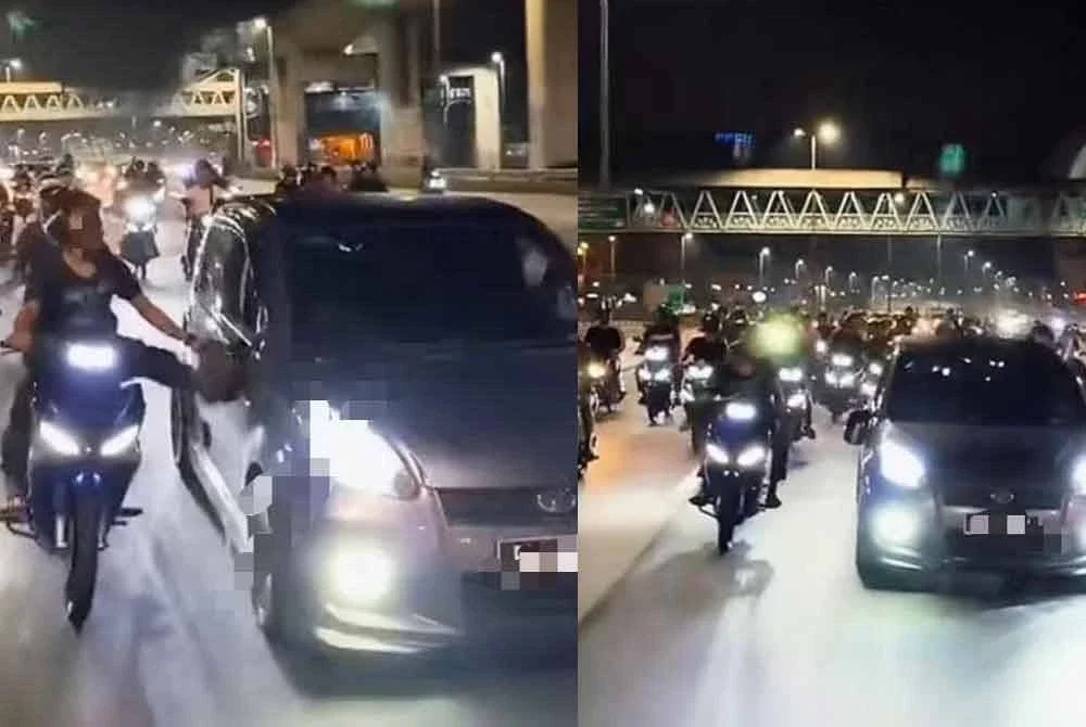 Video tular 20 penunggang motosikal yang bertindak ganas mengepung, menumbuk dan menendang sebuah kereta Perodua Myvi.