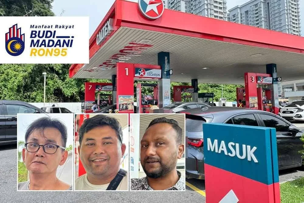 Keadaan di salah sebuah stesen minyak di sekitar bandar George Town pada hari pertama pelaksanaan sistem BUDI95 melibatkan pengguna biasa. Gambar kecil dari kiri: Kho Kwan, Shafiq, Balakumaran
