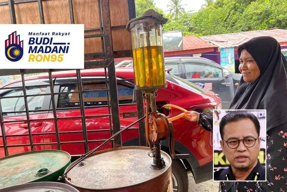 Tinjauan Sinar Harian mendapati terdapat 16 pos isian minyak petrol secara tradisional iaitu dengan mengepam bahan api tersebut menggunakan tangan. Gambar kecil: Azman