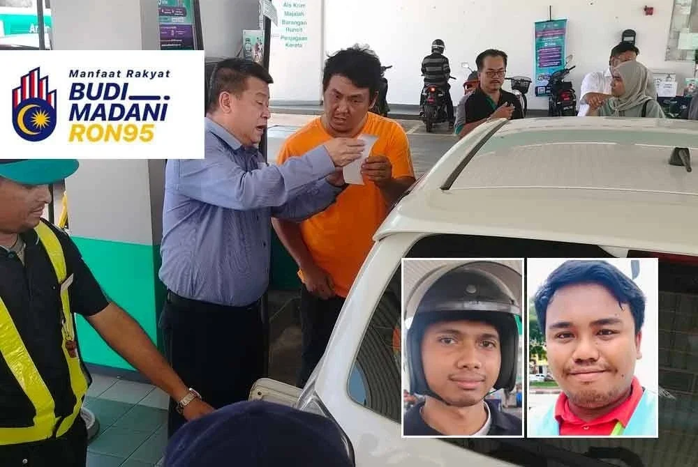Exco Hal Ehwal Pengguna dan Sumber Manusia Negeri, Sim Chon Siang mengadakan pemantauan di stessen minyak sekitar Bandaraya Kuantan pada hari pertama pelaksanaan BUDI95 untuk semua pada Selasa. Gambar kecil dari kiri: Muhd Shahrul, Emeir Danish