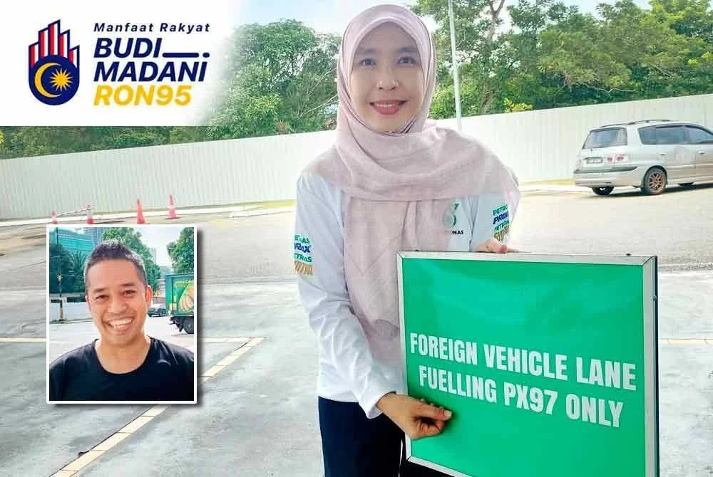 Papan tanda untuk kenderaan asing yang hanya boleh mengisi RON97 dipamerkan di stesen minyak sekitar Johor Bahru. Fazli (Gambar kecil)