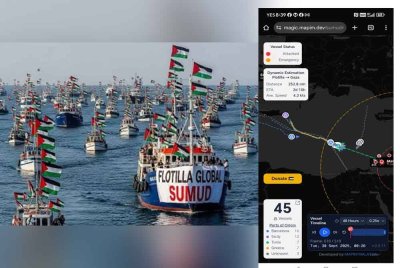 Tangkap layar paparan tinjauan 'Sumud Nusantara Flotilla Tracker' setakat jam 8.30 pagi, Selasa.