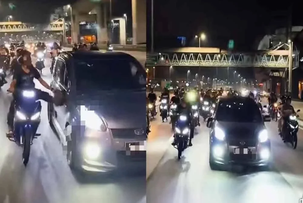 Tangkap layar rakaman video berdurasi seminit yang tular di Facebook menunjukkan kereta Perodua Myvi dikejar sekumpulan penunggang motosikal