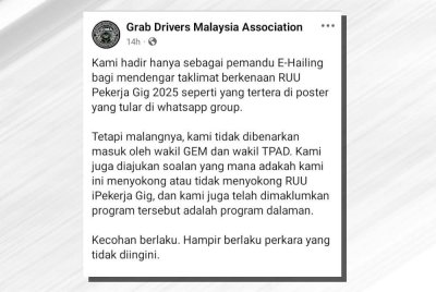 Tangkap layar hantaran di Facebook Grab Driver Malaysia Association mengenai kejadian berkenaan.