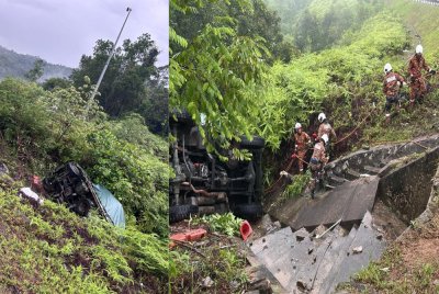 Seorang anggota ATM maut selepas trak tentera terbabas dan terjunam ke dalam gaung berhampiran Terowong Menora di Lebuhraya Utara-Selatan, Kuala Kangsar. Foto Bomba Perak