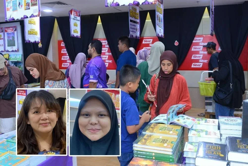 Pengunjung melihat antara buku yang dijual sempena Jualan Gudang Karangkraf 2025 di Kompleks Karangkraf, Shah Alam. FOTO: MOHD HALIM ABDUL WAHID. Gambar kecil dari kiri: Linda dan Syafiqah.