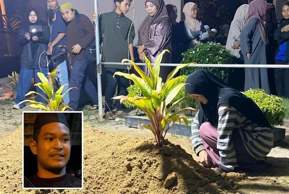 Ibu Muhammad Ammar, Nur Ayuni Mohd Kamarulzaman tidak berganjak dari pusara anaknya selepas selesai urusan pengebumian di Tanah Perkuburan Islam Kampung Mujur, Jelawat di Bachok pada Rabu. Foto: SINAR HARIAN/HAZELEN LIANA KAMARUDIN. Gambar kecil: Amirul Nizam