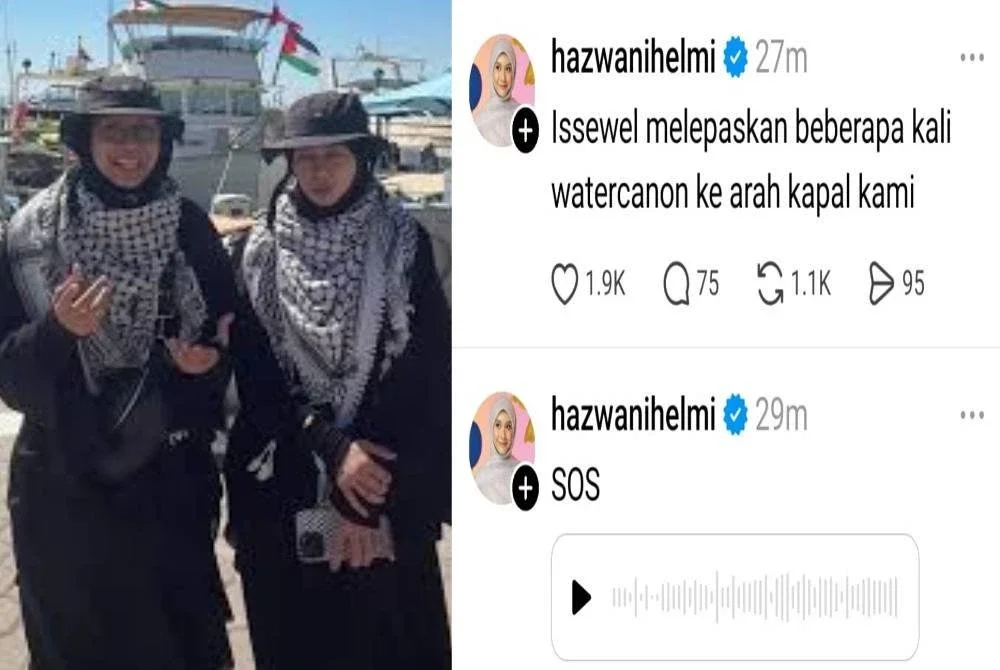 Hazwani (kiri) melaporkan tentera Israel telah melepaskan tembakan meriam air ke arah kapal mereka.