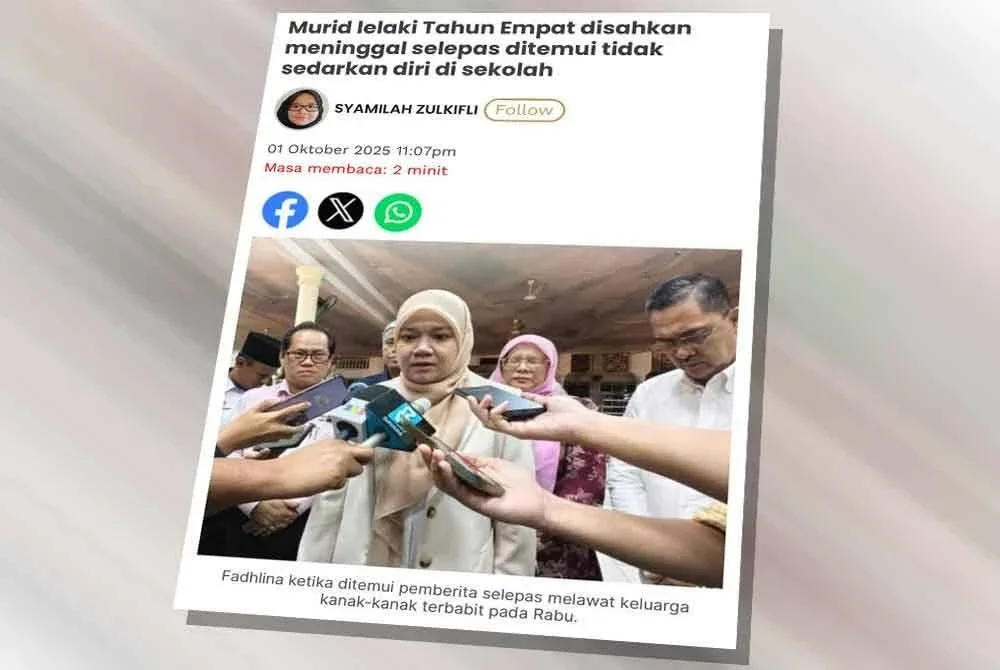 Laporan Sinar Harian pada Rabu mengenai kejadian murid Tahun Empat disahkan meninggal dunia selepas ditemui tidak sedarkan diri di sekolah.