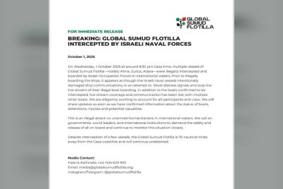 Tiga kapal misi kemanusiaan GSF iaitu Alma, Surius dan Adara dipintas, 'diculik' serta dinaiki secara paksa oleh Tentera Laut Israel ketika berlayar di perairan antarabangsa.