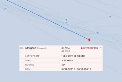 Kapal bantuan Morgana dipintas oleh tentera Israel di perairan antarabangsa kira-kira 50km dari Gaza. Foto Global Sumud Flotilla