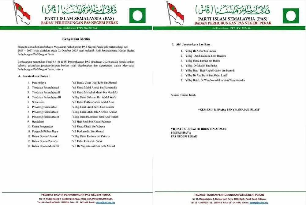 Kenyataan yang dikongsi Pas Perak berhubung pelantikan Ahli Jawatankuasa baharu bagi sesi 2025-2027.