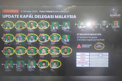 Paparan skrin perkembangan kapal delegasi Malaysia di Pusat Kawalan Sumud Nusantara (SNCC) menunjukkan 12 rakyat Malaysia yang menyertai misi GSF disahkan dipintas