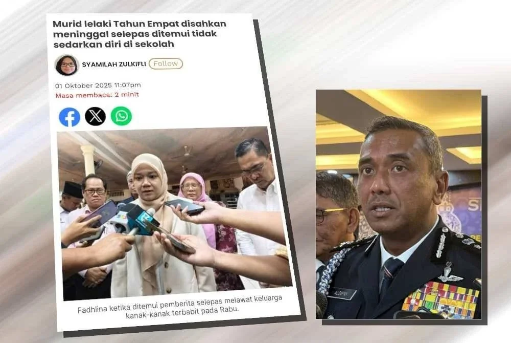 Laporan Sinar Harian mengenai kes murid lelaki tahun empat yang ditemukan tidak sedarkan diri di sebuah sekolah di Senawang. (Gambar kecil: Alzafny)