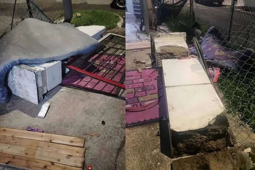 Tiang pagar runtuh yang menghempap seorang kanak-kanak perempuan berusia dua tahun. Foto Ihsan: pembaca