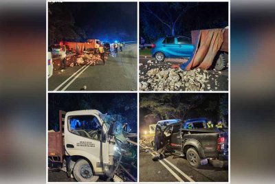 Tindakan 4x4 dinaiki suspek cuba melarikan diri mengakibatkan sebuah lori membawa muatan getah skrap dan Perodua Axia kemalangan.