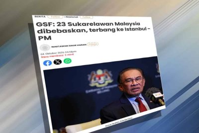 Laporan Sinar Harian pada Sabtu mengenai 23 sukarelawan Malaysia dibebaskan tentera Israel.