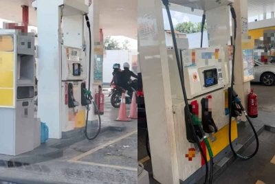 Tular foto menunjukkan nozel pam RON95 yang dicabut di sebuah stesen minyak di Jalan Pasir Pelangi.