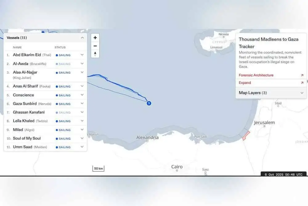 Flotila terdiri daripada 11 kapal membawa aktivis antarabangsa, kini berada kira-kira 545 kilometer dari perairan Gaza.