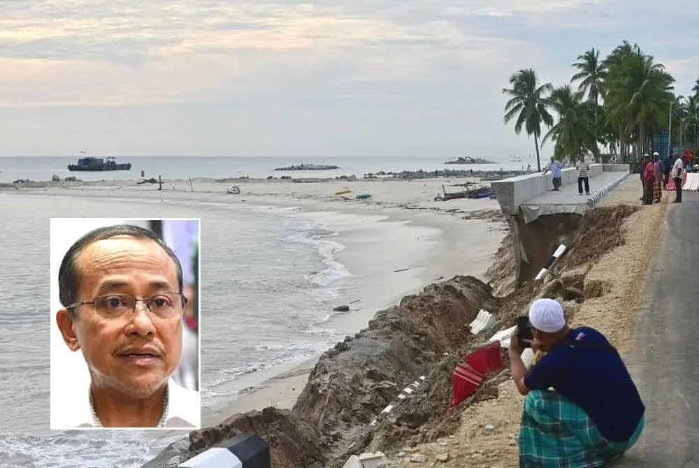 Projek baik pulih Jalan Pantai Batu Rakit di Laluan T145 berhampiran Kampung Tanjung runtuh selepas dilanda ombak kuat dan air pasang besar pada 24 September lalu. Gambar kecil: Ahmad Samsuri