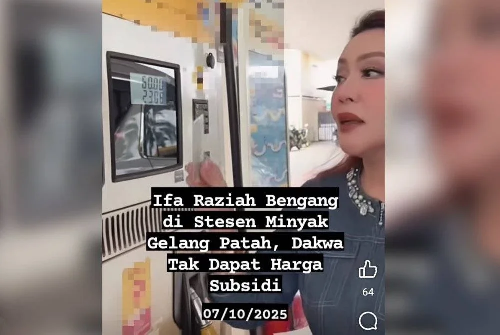 Tangkap layar video tular membabitkan Ifa Raziah yang mendakwa tidak mendapat harga subsidi RON95 di sebuah stesen minyak di Gelang Patah pada Selasa.