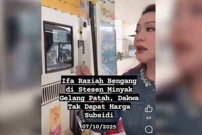 Tangkap layar video tular membabitkan Ifa Raziah yang mendakwa tidak mendapat harga subsidi RON95 di sebuah stesen minyak di Gelang Patah pada Selasa.