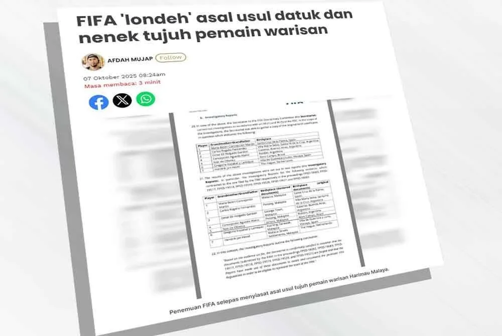Laporan Sinar Harian pada Selasa mengenai pendedahan FIFA berhubung asal usul tujuh pemain warisan Harimau Malaya.