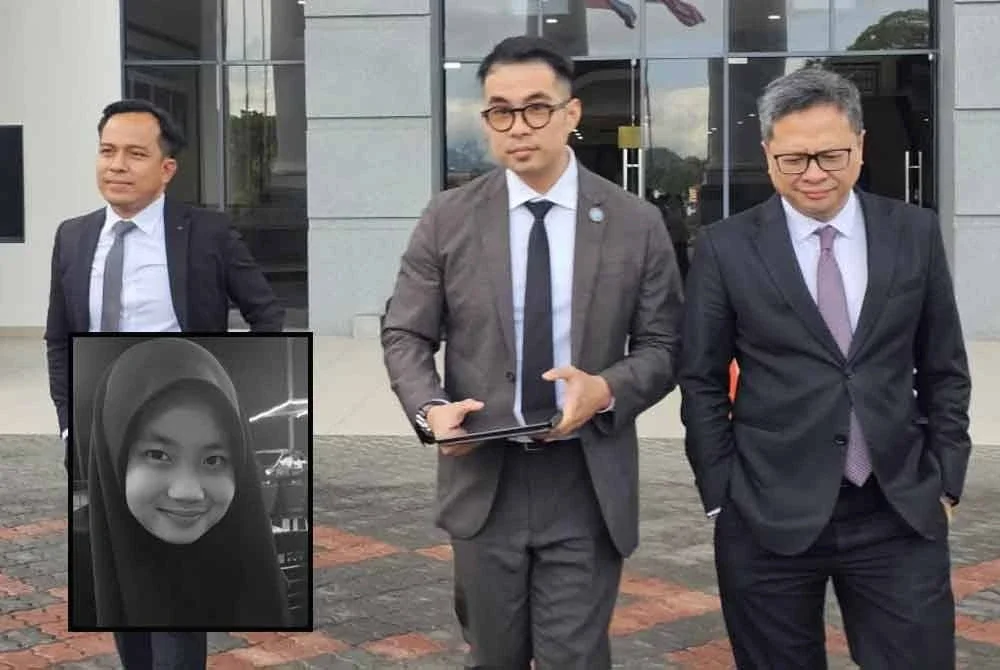 Mohd Syarulnizam (tengah) bersama rakan pasukannya di pekarangan Kompleks Mahkamah Kota Kinabalu. Gambar kecil: Zara Qairina