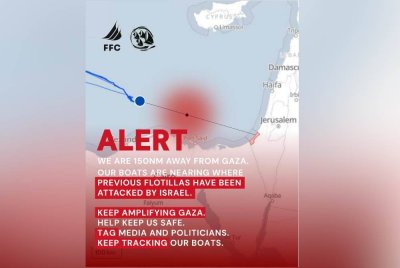 9 kapal Freedom Flotilla Coalition x TMTG memasuki 150 batu nautika dari perairan Gaza.