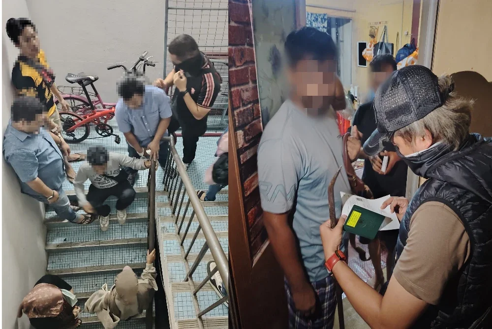 Antara warga asing yang ditahan bagi pemeriksaan lanjut dalam serbuan di bangunan kedai di Ulu Klang, Kuala Lumpur pada Sabtu.